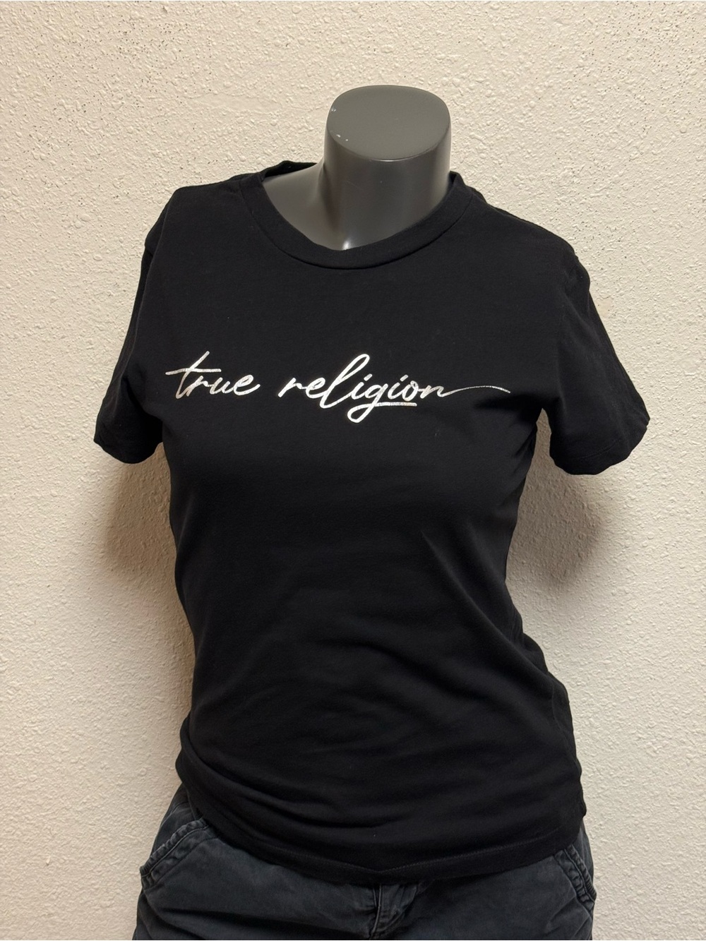 True Religion Black Tee with White Script Logo